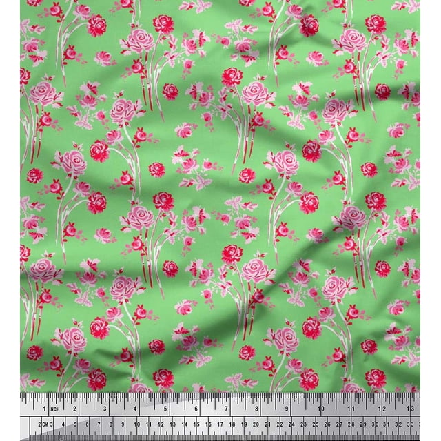 Soimoi Tissu Crêpe Polyester Feuilles & Roses Imprimés Floraux au Mètre 42 Pouces de Large
