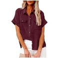thumbnail image 2 of FAVIPT Cotton Linen Shirts for Women Loose Fit Soft Tops Short Sleeve Button Down T Shirt Collared V Neck Plain Tees Casual Summer 2025 Blouses with Two Pockets Wine,M, 2 of 8