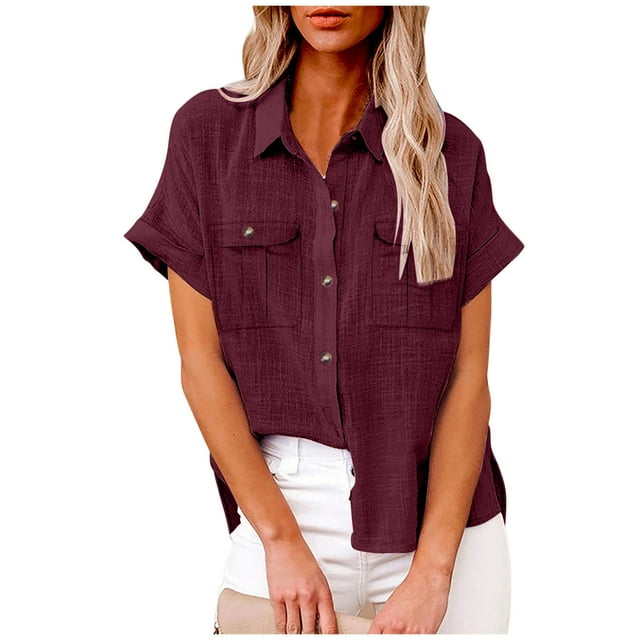 fheaev Button Up Shirts For Women Roll Up Short Sleeve Button Down Cotton Linen T-Shirts With Pocket V-Neck Work Tunics Blouse Collared Tops