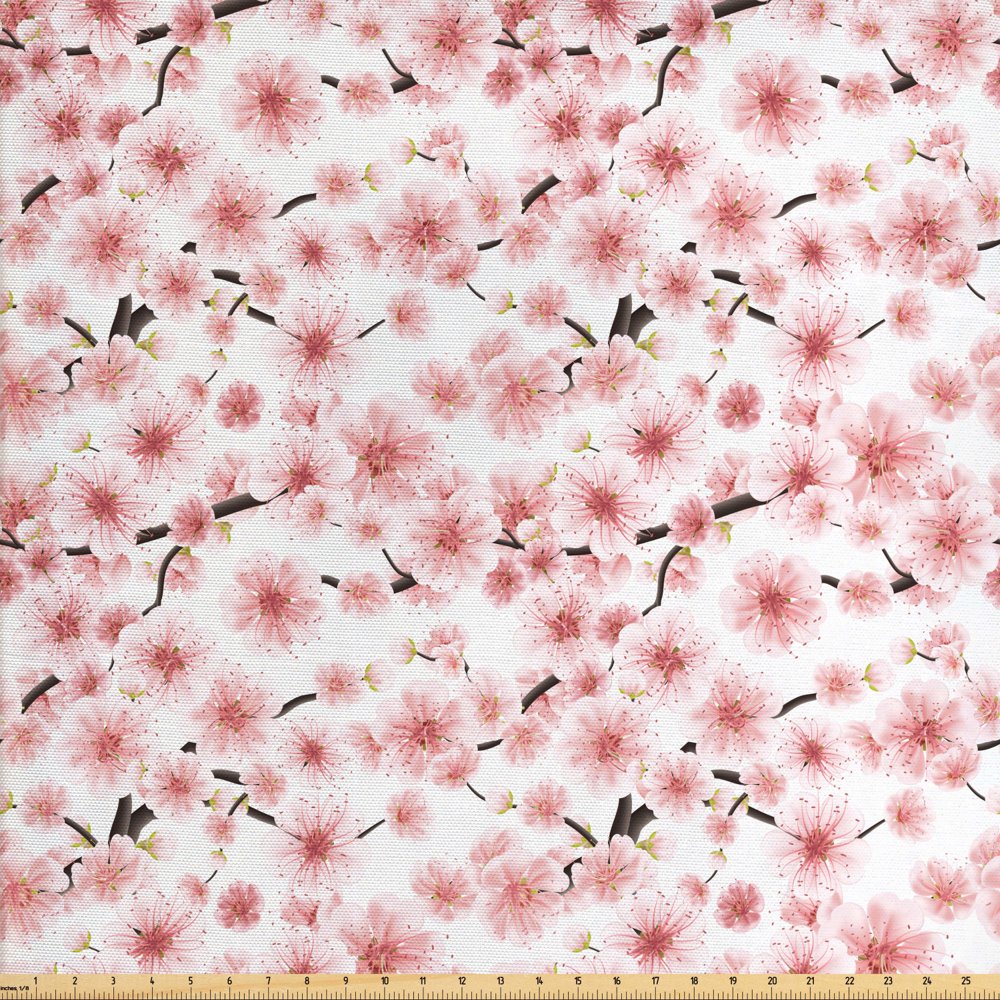 Cherry Blossom Fabric by The Yard, 3D Illustrated Sakura Tree Design
