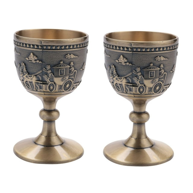 2X Classical Metal Wine Cup Handmade Small Goblet Household Copper Wine Glass Carving Pattern