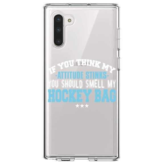 DistinctInk Clear Shockproof Hybrid Case for Samsung Galaxy Note 10 (6.3" Screen) - TPU Bumper Acrylic Back Tempered Glass Screen Protector - Think My Attitude Stinks Smelly My Hockey Bag