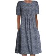 thumbnail image 1 of QJUHUNG Midi pour Femmes Été Décontracté en Vrac Boho Imprimé Floral Col Rond Manches Courtes Genou Longueur Robe Froncée avec Poches, 1 of 4