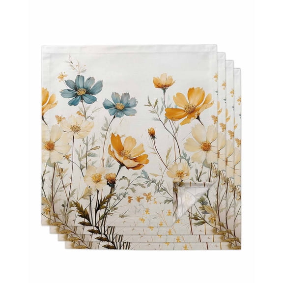 Yellow Blue Spring Floral Cloth Napkins Washable Set of 4, Watercolor Summer Botanical Reusable Dinner Table Napkins Cloth Bulk for Weddings Kitchen Restaurants Hotel Events Parties 20 x 20 Inch