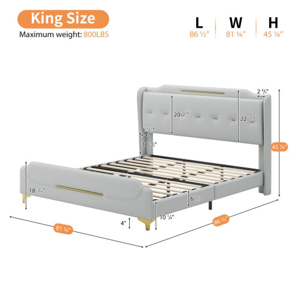 [Luckynote]King Size Leather Bed frame with Wingback Headboard & Footboard, PU Upholstered Platform bed, Solid Wooden Slats Support, Easy Assembly