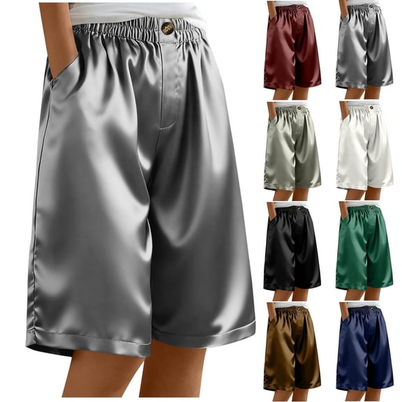 FRSASU Women's Satin Loose Shorts Solid Color Wide Leg High Waisted Dressy Casual Shorts with Pockets White