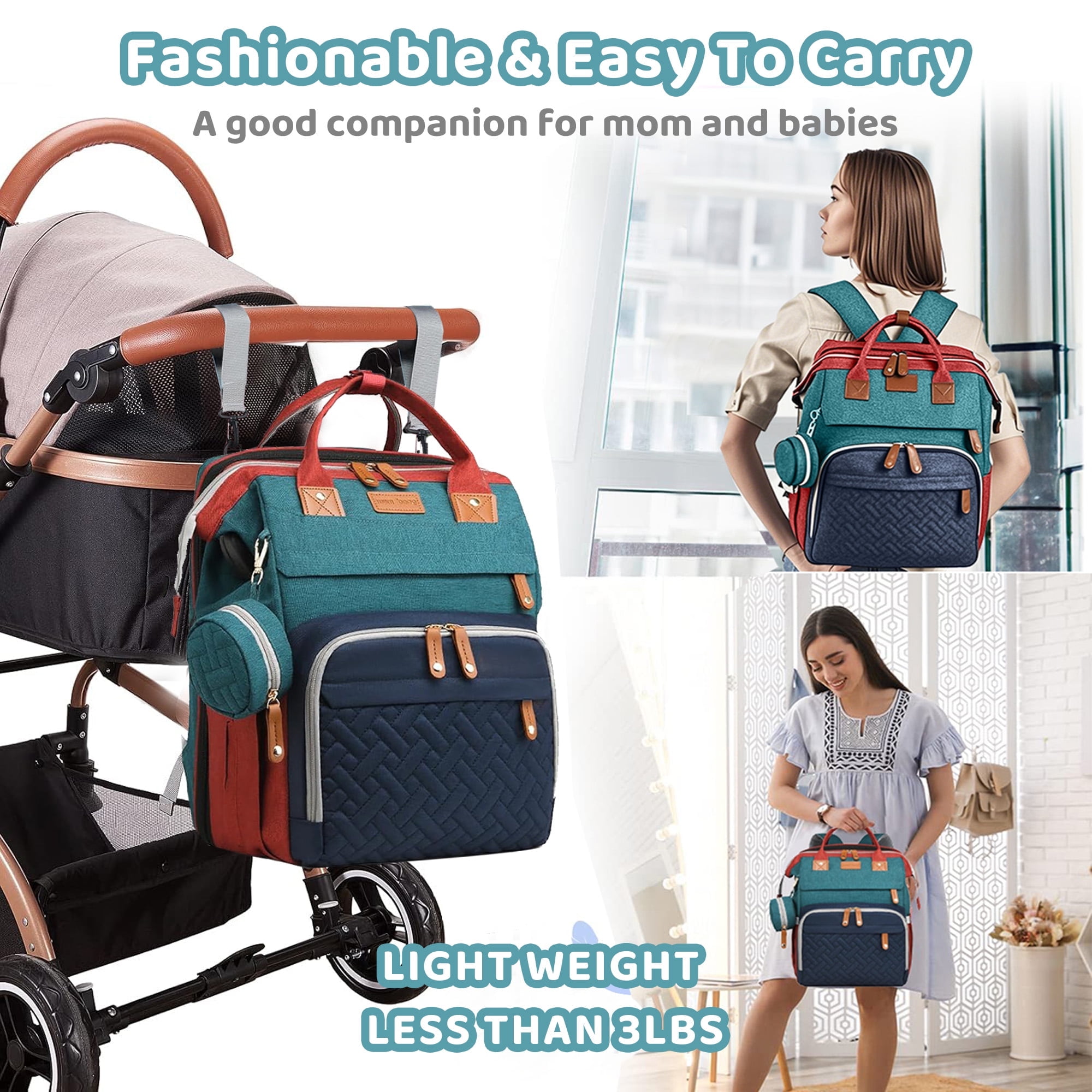 Morfone Diaper Bag Backpack with Changing Station, WaterproofLarge Capacity Baby Bag with USB Charging Port & Pacifier Case - Unisex, Colorful
