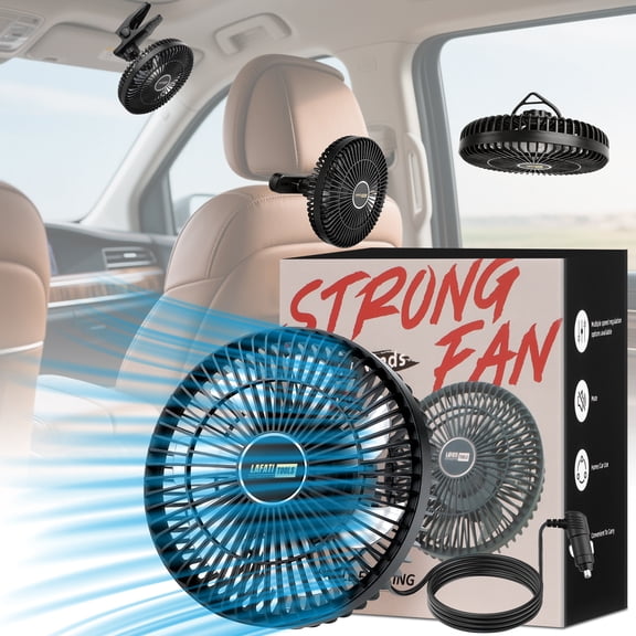 9 Inch Portable Car Fan, Lafati 12V Universal Electric Vehicle Fan with Stepless Speed Control, 3-in-1 Headrest Mount & Clip, 360° Rotation Quiet Cooling for Car SUV RV Van Sedan