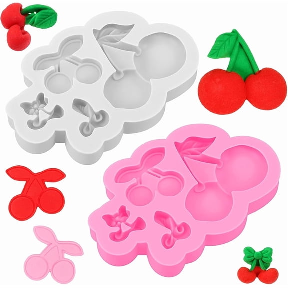 NOGIS 2pcs Cherry Silicone Molds, Cute Chocolate Molds, Cherry Leaves Fondant Mold for Fruit Cake Decorating Cupcake Topper Gum Paste Candy Polymer Clay (Pink Gray)