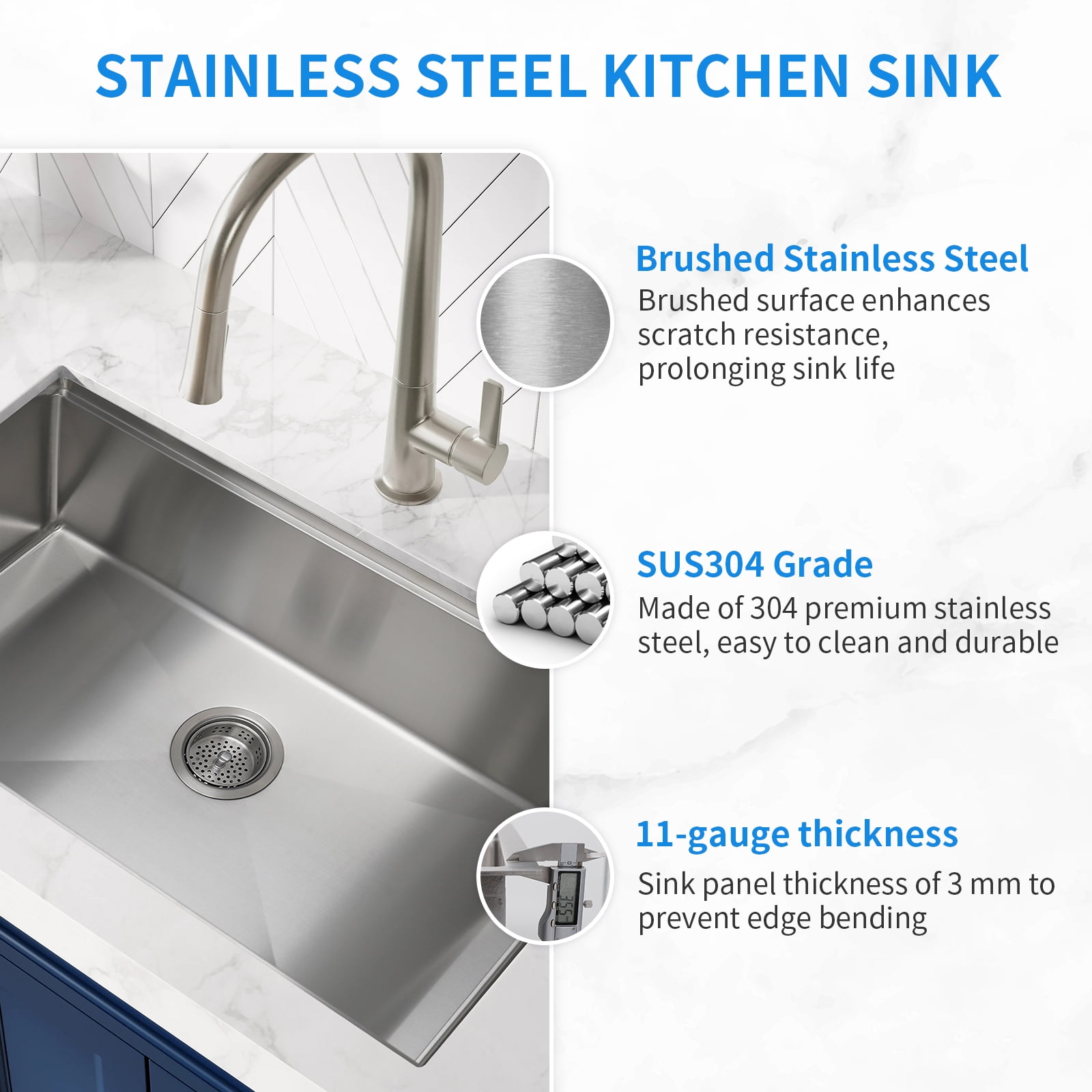 30 Inch Undermount Kitchen Sink Superior Drain Kitchen Sinks 11 Gauge (3mm) Stainless Steel, Single Bowl Integrated Ledge Multifunctional Workstation Set
