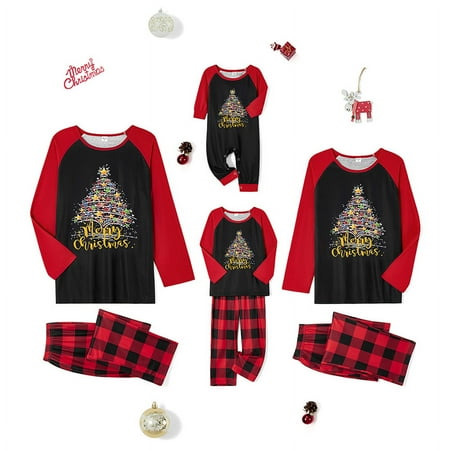 

wybzd Christmas Matching Family Pajamas Set Colorful Star Tree Print Tops Buffalo Plaid Pants Soft Sleepwear