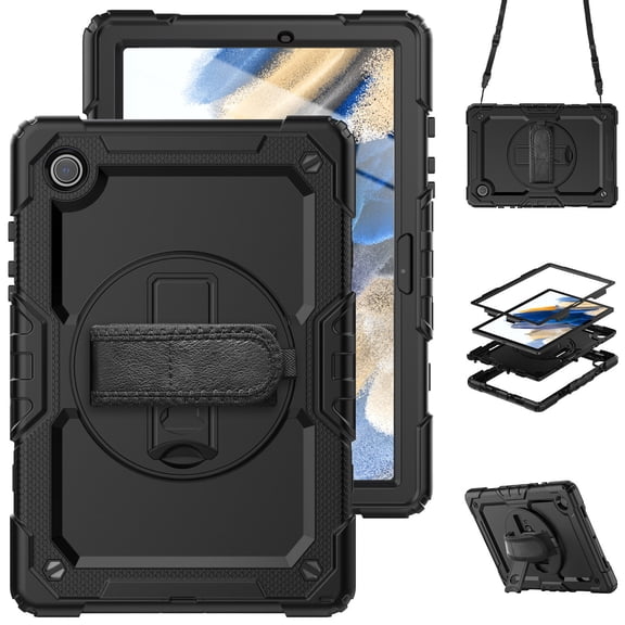 Case for Samsung Galaxy Tab A8 10.5 Inch 2022 with Screen Protector, 360 Degree Rotating Kickstand Hand Strap Heavy Duty Shockproof Cover with Shoulder Strap, Black