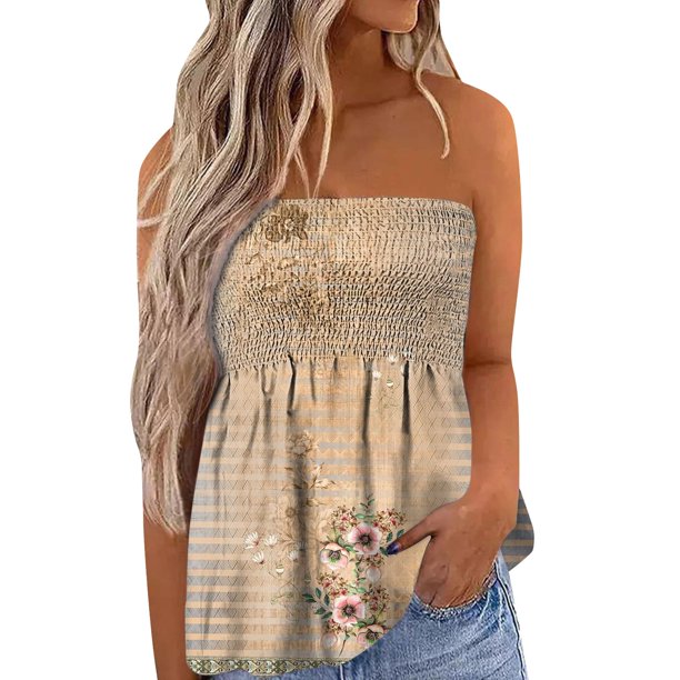 Gibobby Camiseta de tirantes sin mangas con estampado floral para mujer, cintura elástica plisada, sin espalda(Caqui,G)