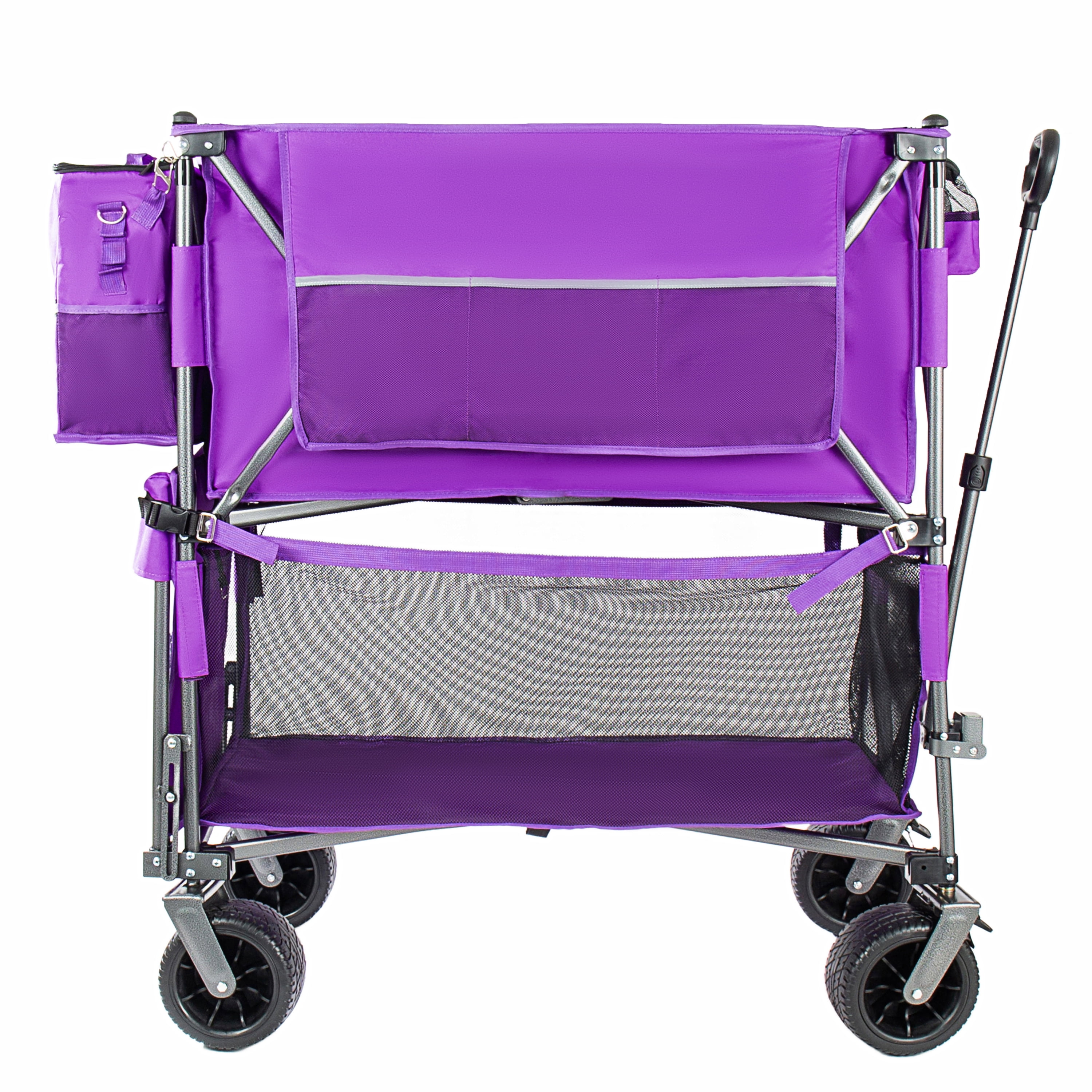 55 Inch Heavy Duty Double-Decker Folding Wagon, Purple 560LBS Capacity Collapsible Cart, 650L Large Storage with 7"×4" All-Terrain Wheels & Dual Brakes for Camping, Fishing, Sports