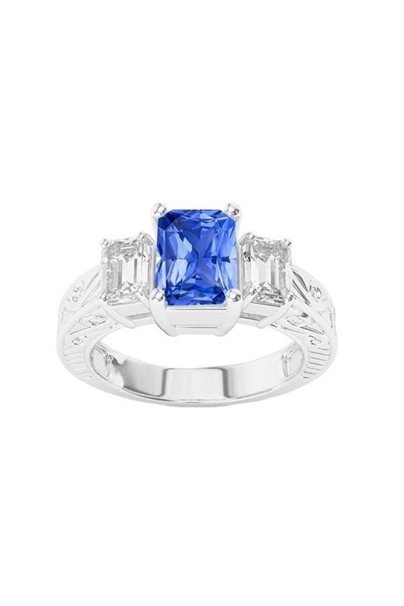 Enterprises 68514 Emerald Diamond Vintage Style 2 CT Blue Sapphire Radiant Shape Ring, Size 6.5