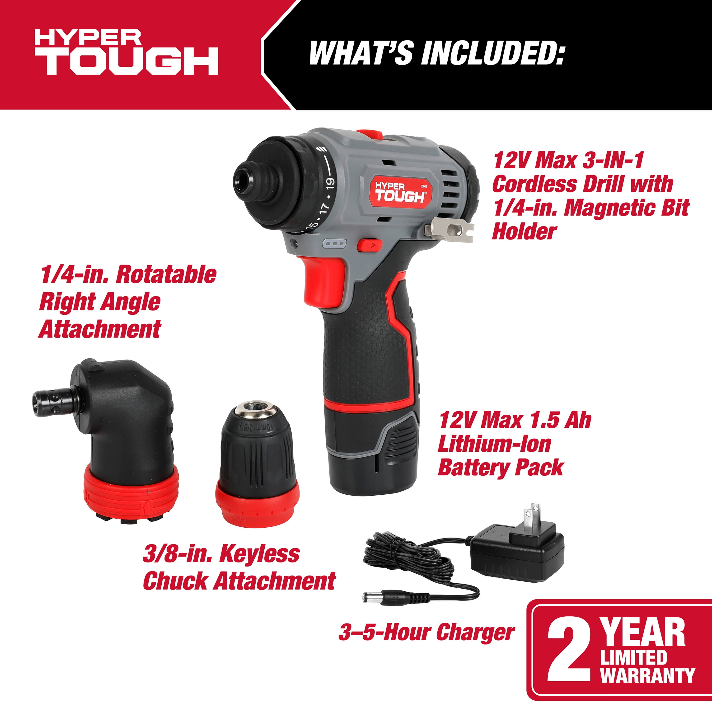 Hyper Tough 12V Max Lithium-Ion 3-in-1 Multi-Head Power Drill Set with 1.5Ah Battery and Charger