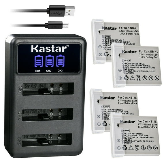 Kastar 4 Pack Battery and LCD Triple USB Charger Compatible with Canon PowerShot SD30, SD40, SD200, SD300, SD400, SD430, SD450, SD600, SD630, SD750, SD780 IS, SD940 IS, SD960 IS, SD970 IS, SD1000