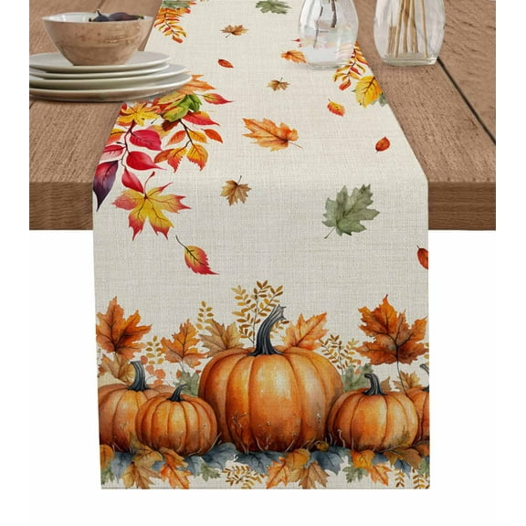 ERUNPONLY Orange Pumpkin Fall Table Runner - 72 Inch Long Thanksgiving Maple Eucalyptus Beige Cotton and Linen Blended Dress Scarves Farmhouse Table Runner for Kitchen Dining, Coffee Table, 14"x72"