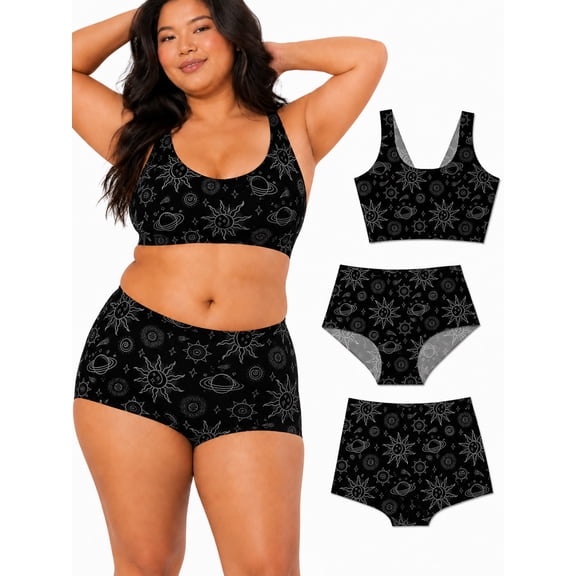 Lucky Darling 3 Piece Bra and Panties Set for Plus Size Women Jet Black Seamless Pullover Unlined Wireless Bralette with Brief and Boyshort Underwear