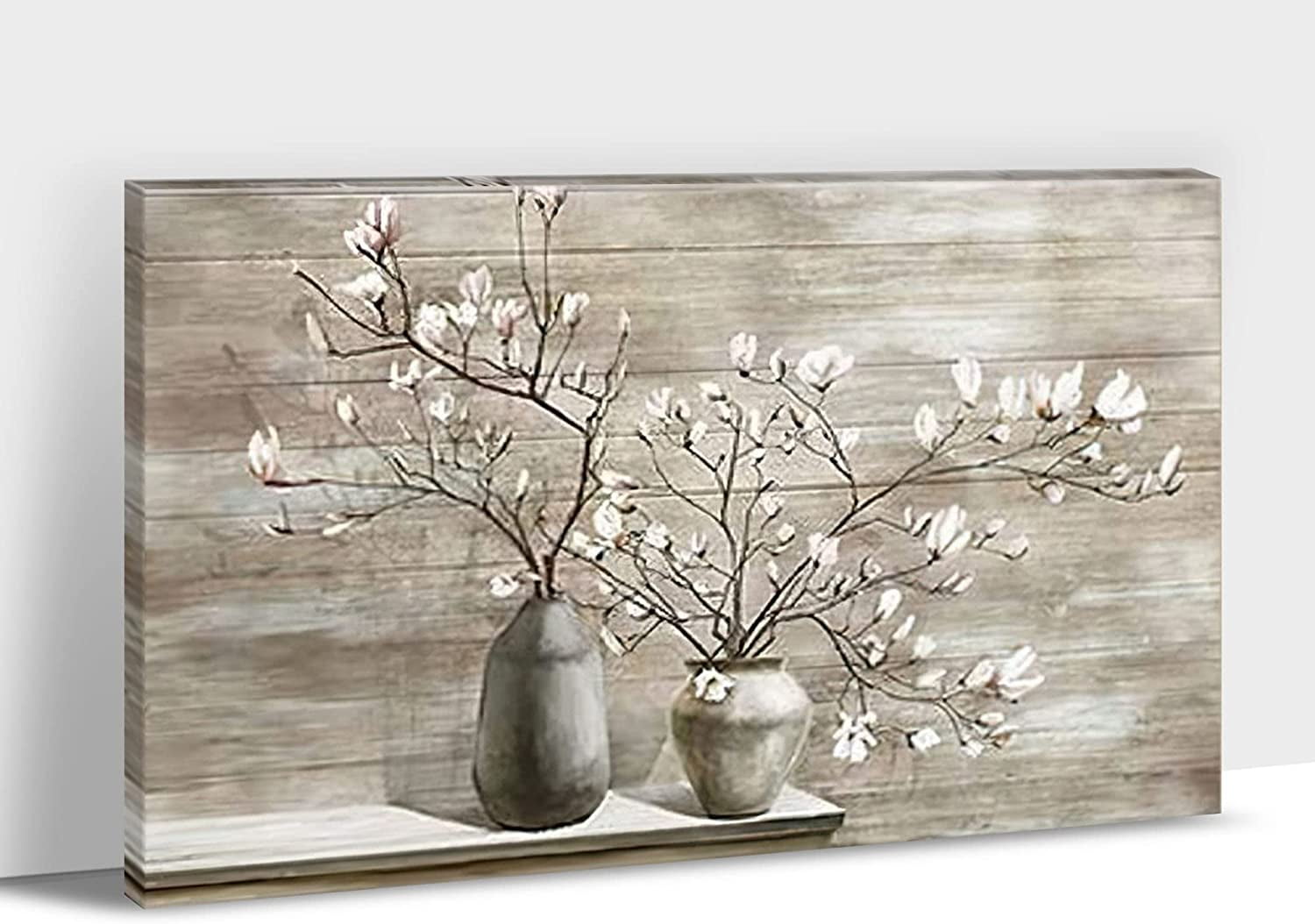 Farmhouse Wall Art - Plant Flower Pictures Wall Art, Modern Farmhouse Bathroom Wall Decor, White Flower Canvas Print, Grey Magnolia Vase Painting Framed Artwork for Rustic Home Wall Decor 12x18 Inch