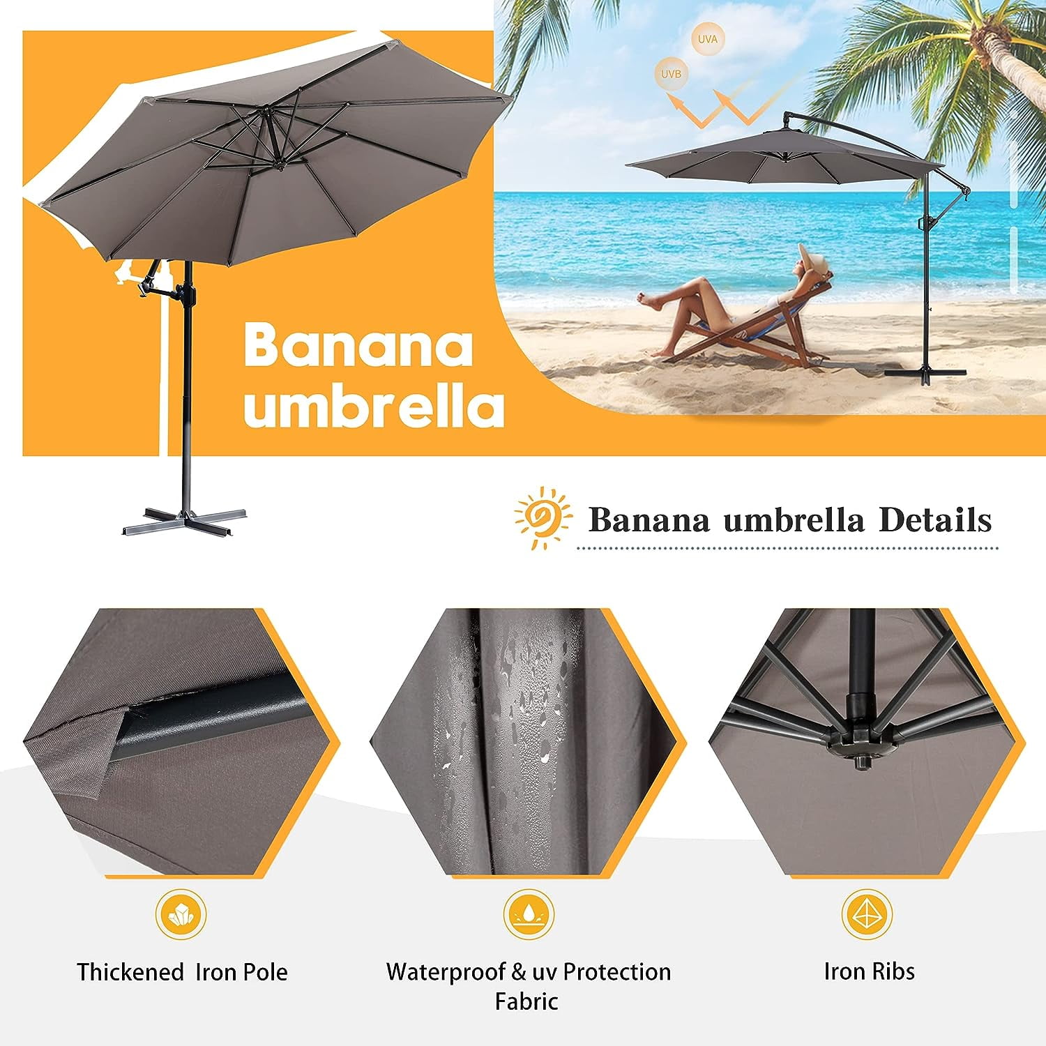 Sobaniilo Patio Offset Umbrella, Hanging Market Outdoor Umbrella, Patio Sun Shade with Easy Tilt Adjustment, Dark Grey