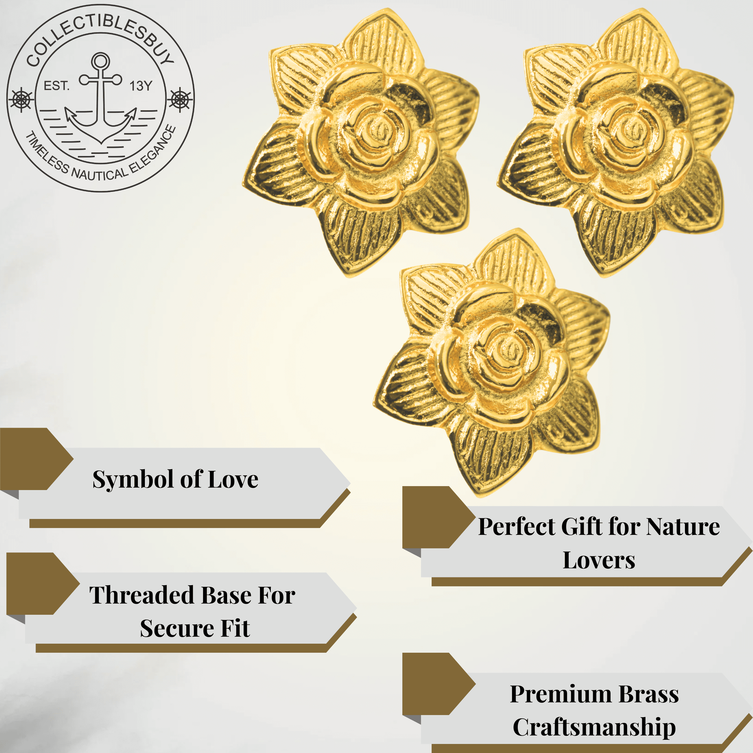 Shiny Brass Rose Petal Cabinet Knob – Golden Decorative Drawer Pull for Dresser, Closet, Cupboard & Kitchen Furniture | Vintage Floral Hardware Handle Home & Kitchen Decor (Set of 3)