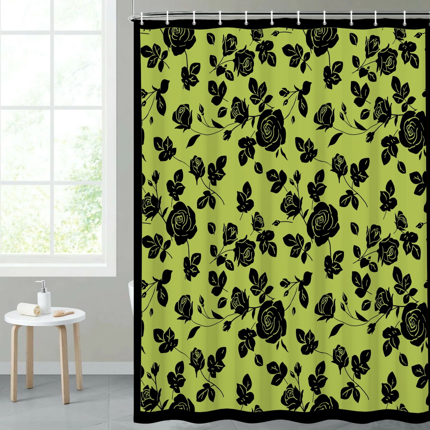 MIZHONA Black and Green Floral Shower Curtain Vintage Rose Print Waterproof Fabric Bathroom Curtain 60x72 in
