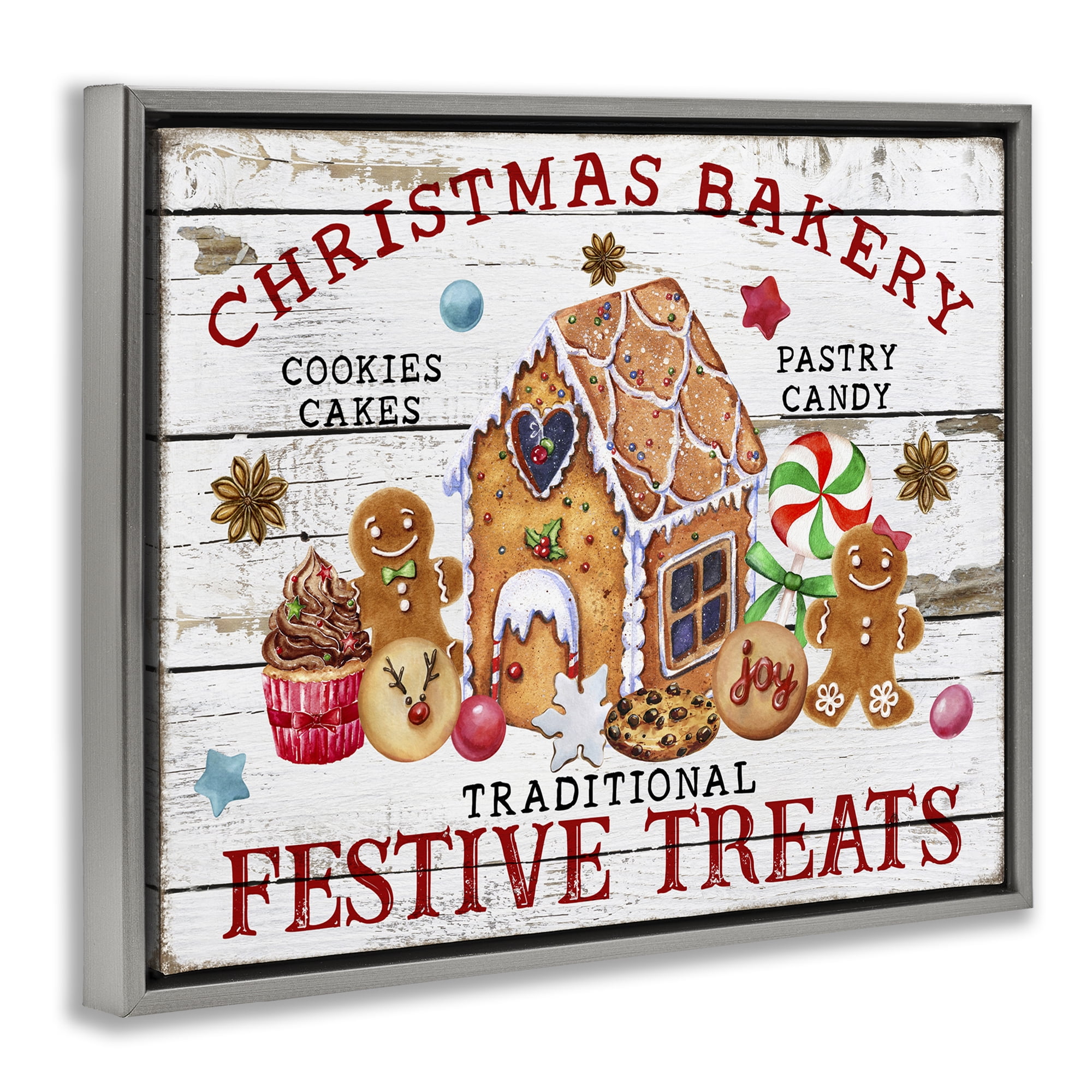 Stupell Industries Festive Treats Bakery Holiday Painting Gray Floater Framed Canvas Art Prints Wall Art, 21 x 17
