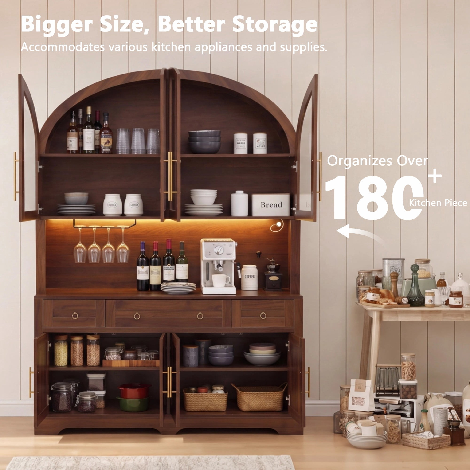 Aukfa 75.6" Large Tall Kitchen Pantry Cabinet with Hutch, Arched Glass Doors, Built-In Charging Station & Smart LED Light,Walnut