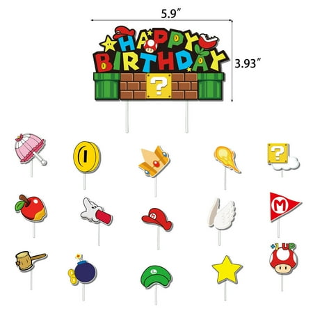 16 PCS Mario Birthday Party Supplies, Cake Decorations for Birthday Party Decorations Theme Birthday Party Supplies