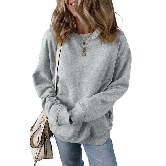Women's Light Grey Solid Loose Crew Neck Fleece Sweatshirt