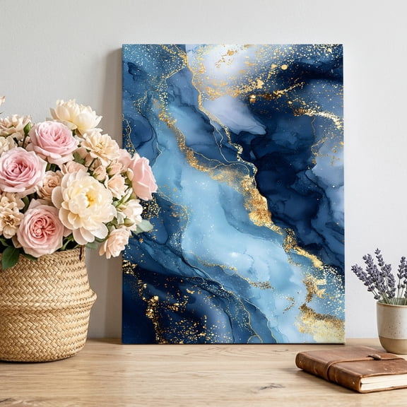 Abstract Marble Canvas Wall Art, Luxury Gorgeous Blue Gold Ocean Pictures Wall Decor Wooden Framed Artwork Art Prints for Living Room Hallway Bedroom Office 12"x18"