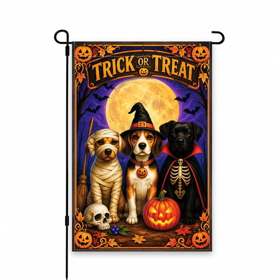 Halloween Garden Flag with Trick or Treat Design, Dogs in Costumes with Full Moon, Pumpkin, and Autumn Leaves, 12 x 18 inch, Outdoor Yard Decor