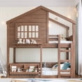 thumbnail image 3 of Harper & Bright Designs Twin Size House Bunk Bed with Bookshelf and Window, Twin over Twin Floor Bunk Bed Frame with Safety Fence and Ladder for Boys and Girls, Natural, 3 of 16