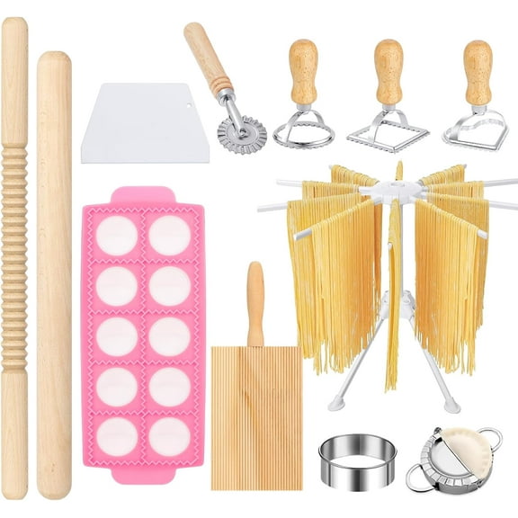 12 PCS Pasta Maker Tool Set Include 1 Pasta Drying Rack 1 Gnocchi Board 1 Dough Scraper 4 Ravioli Maker Cutter 2 Dumpling Maker Tool 1 Noodle Cutter 1 Rolling Pin 1 Pasta Stamp For Homemade Pasta