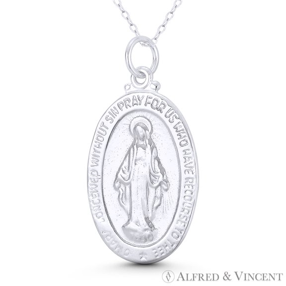 Holy Mother Virgin Mary & Marian Cross 37x20mm (1.5x0.8in) Miraculous Medal Pendant & Chain Necklace in .925 Sterling Silver