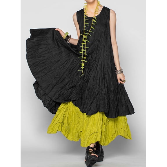 Women's Black Layered Flowy Maxi Dress, Sleeveless Round Neck Lime Yellow Contrast Hem Boho Casual A-Line Dress