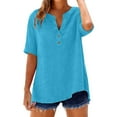 thumbnail image 3 of VJGBEGW Women Cotton Linen Tunic Tops Casual Half Sleeve 1/4 Button V Neck Shirts Loose Fit Summer Beach Vacation Blouse Sky Blue L, 3 of 9