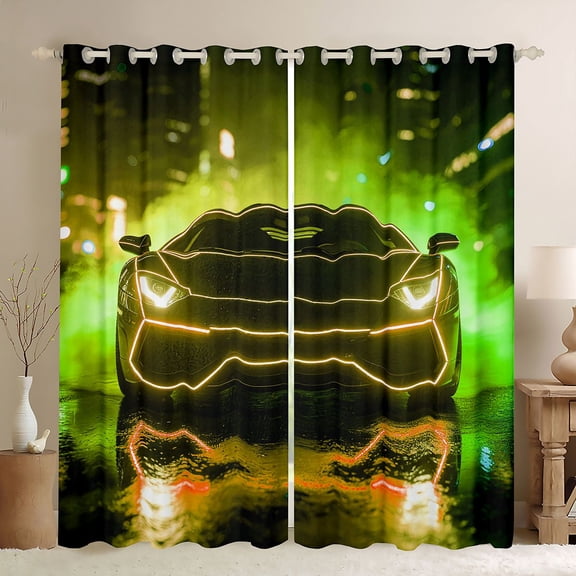 Castle Fairy Neon Sports Car Black Out Curtains for Boys, Yellow City Glow Curtains Pack of 2 (42x63 Each) for Bedroom, Yellow Black