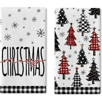 Merry Christmas Tree Kitchen Dish Towels Set of 2, Xmas Pine Trees Snowflake Buffalo Plaid Drying Hand Towel Baking Cooking Cloth, Winter Holiday Farmhouse Bathroom Home Decoration 16 x 24 Inches