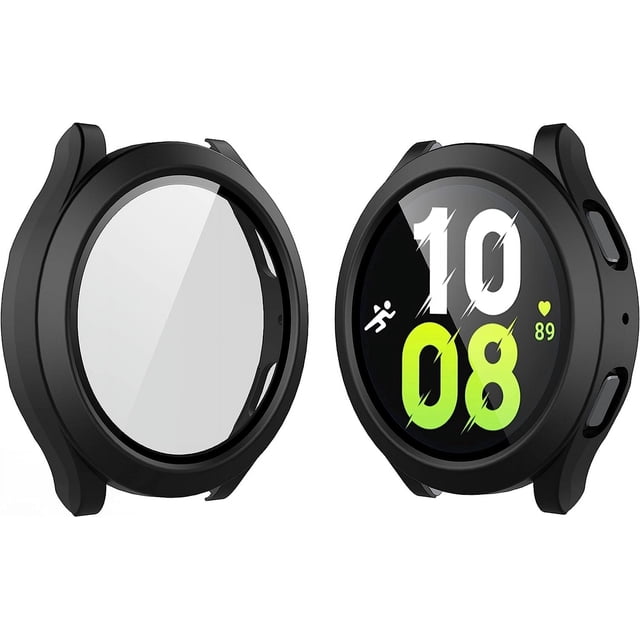 KOMI Case Compatible with Samsung Galaxy Watch 5 Galaxy Watch 4 44mm with Screen Protector, HD Tempered Glass Screen Protector Cover Overall Protective Cover, 2 Pack