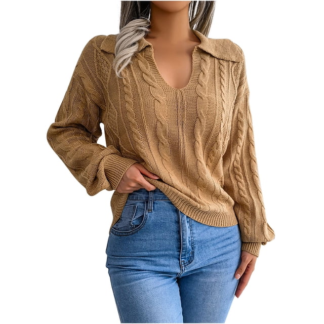 Hauts à Manches Longues pour Femmes Mode Femmes Décontracté Col à Revers Solide Pull Ample Manches Longues Blouse d'Automne Hauts Hauts pour Femmes Décontracté Hiver Hauts Décontractés pour Femmes Mode Hauts pour Femmes