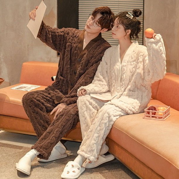 Pijamas de pareja Otoño e Invierno Ropa de hogar de franela cálida con forro polar grueso para hombres y mujeres de dos piezas