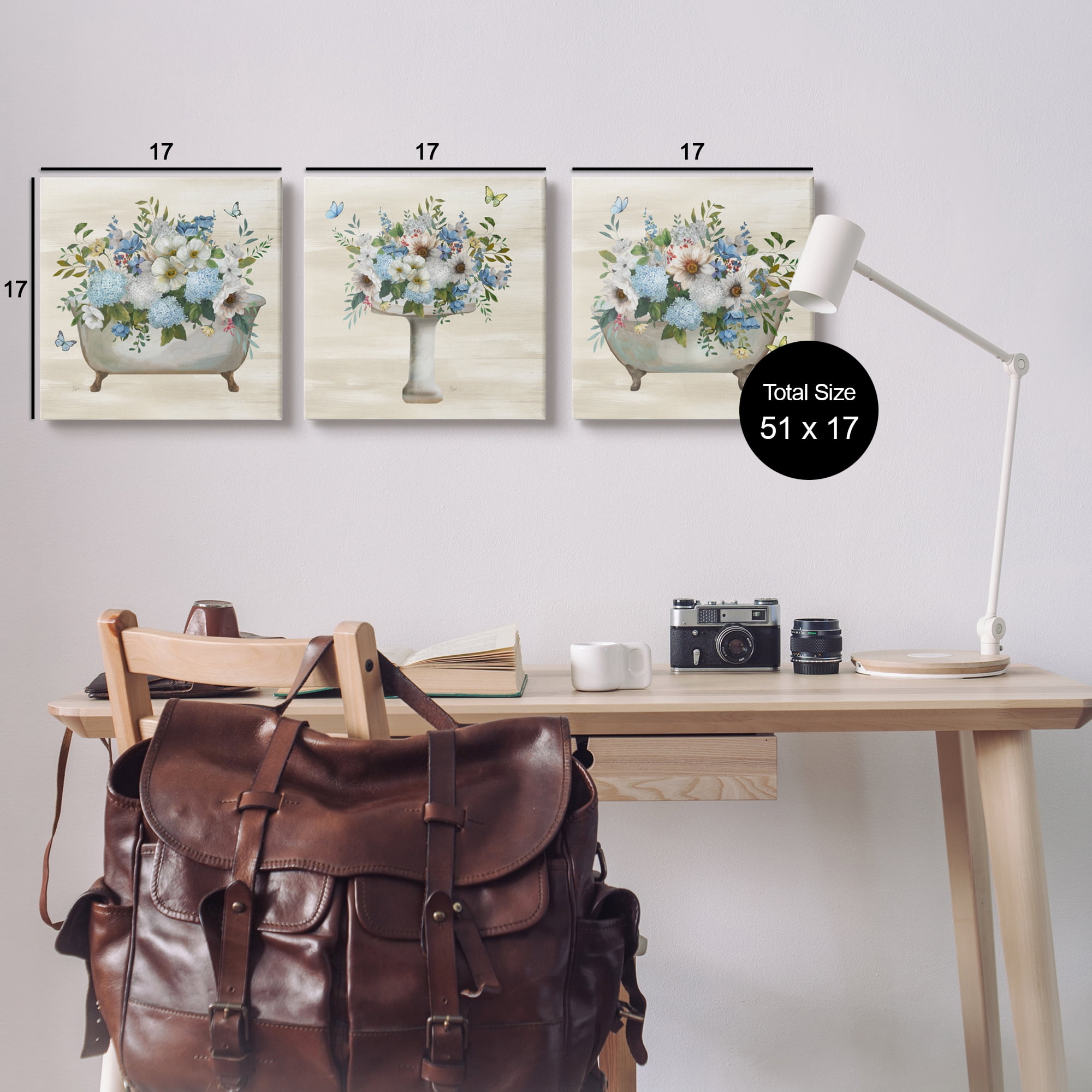 Stupell Industries Country Flower Bathroom Botanical & Floral Painting Gallery Wrapped Canvas Art Print Wall Art, 17 x 17, Set of 3