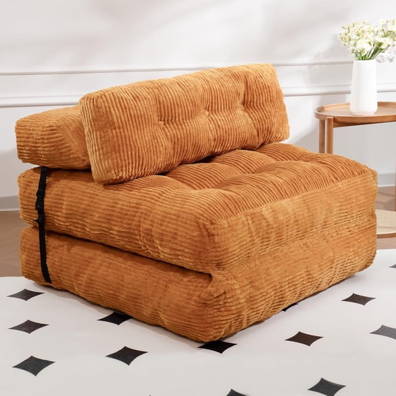 Orange Corduroy Folding Sofa Bed With Pillow, Convertible Lazy Sofa For Small Space Living Room Or Bedroom