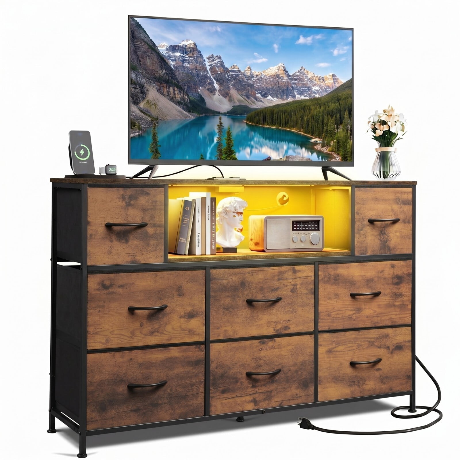 BEAUTYPEAK TV Stand Dresser with 8 Fabric Drawers LED Light Open Shelf AC & USB-C Charging Station, Rust