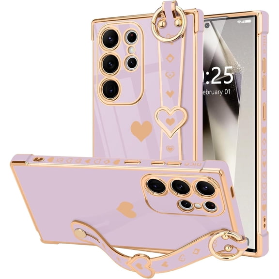 REQO for Samsung Galaxy S24 Ultra Case Cute Love-Heart Plating Strap for Women Girls Bling Silicone Camera Protection Bumper Shockproof Phone Case for Samsung Galaxy S24 Ultra 5G (6.8'')