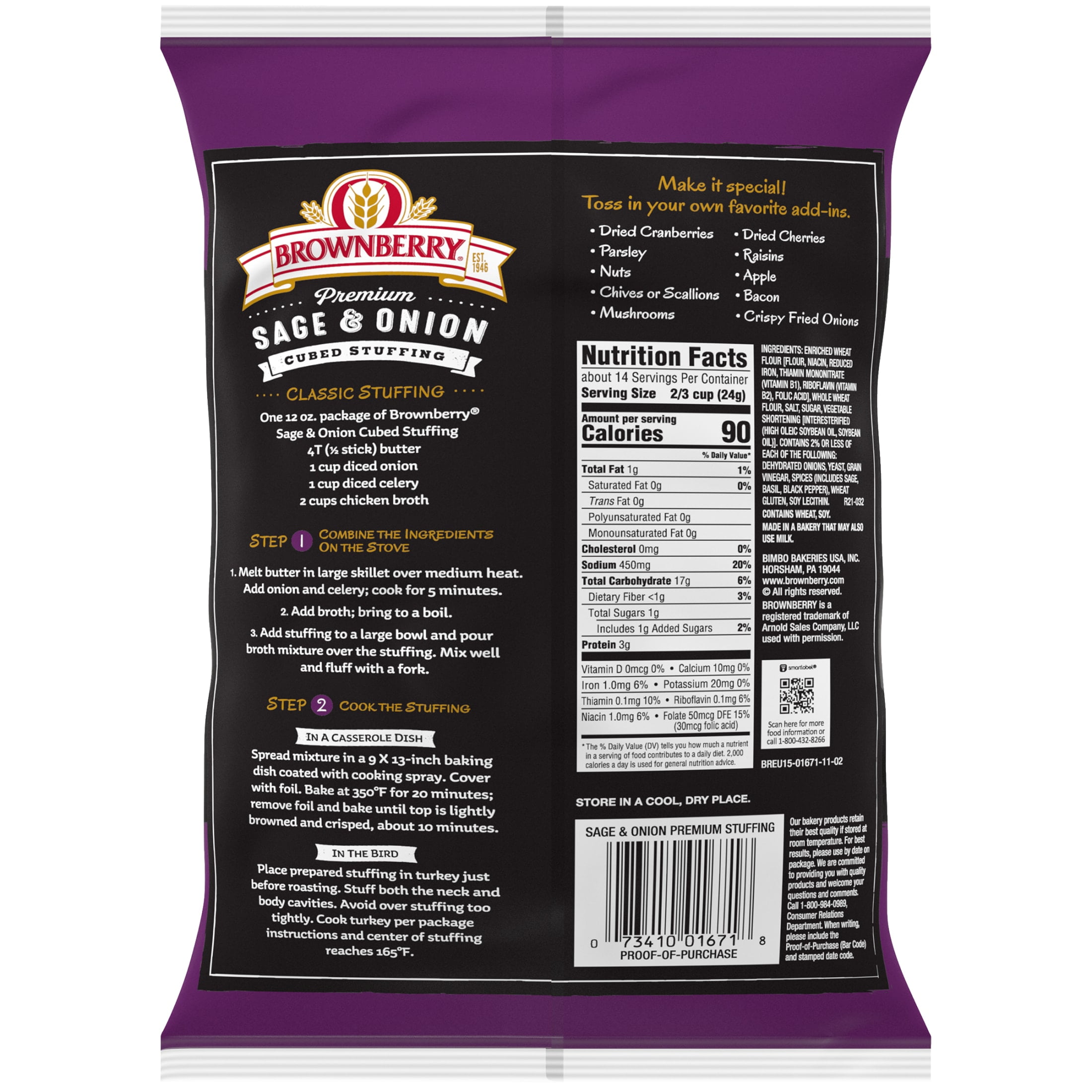 Brownberry Premium Sage & Onion Cubed Bread Stuffing, 12 oz, Turkey Stuffing Mix, Bag