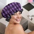 thumbnail image 5 of Shower Caps,Halloween Purple Checkered Ghosts and Icons Waterproof Shower Cap for Women 4 Pieces,Double Reusable Hair Cover for Shower PEVA Elastic Stretch Hem, 5 of 7