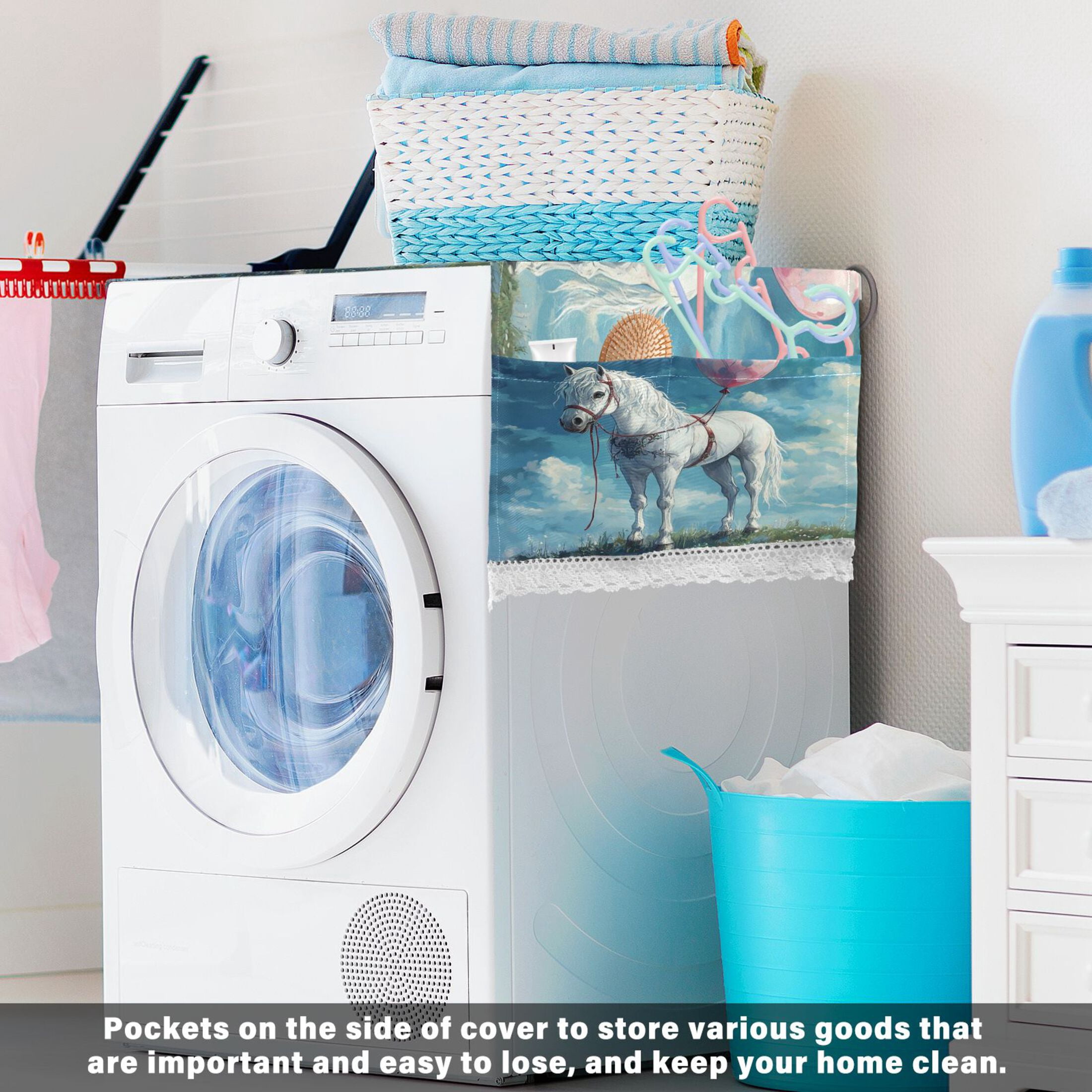 A White HorseWasher and Dryer Covers Dust-Proof and Oil Resistant Fridge Cover with 4 Storage Pockets Washing Machine Top Cover for Laundry Kitchen Home 51.2 x 22 In